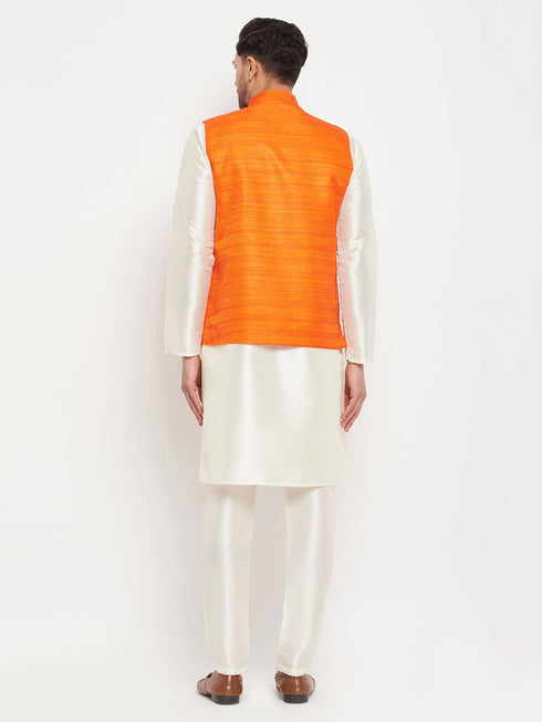 Vastramay Men's Orange Matka Silk Nehru Jacket With Kurta and Pant style Pyjama Set
